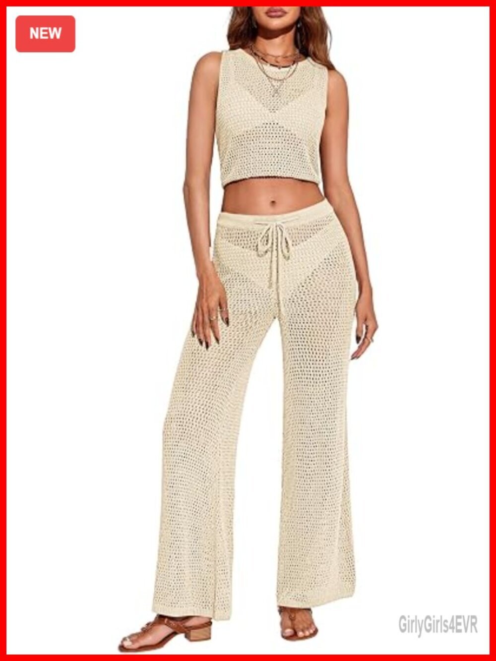 Crochet Swimsuit Cover Up Crop Top & Drawstring Wide Leg Pants Set